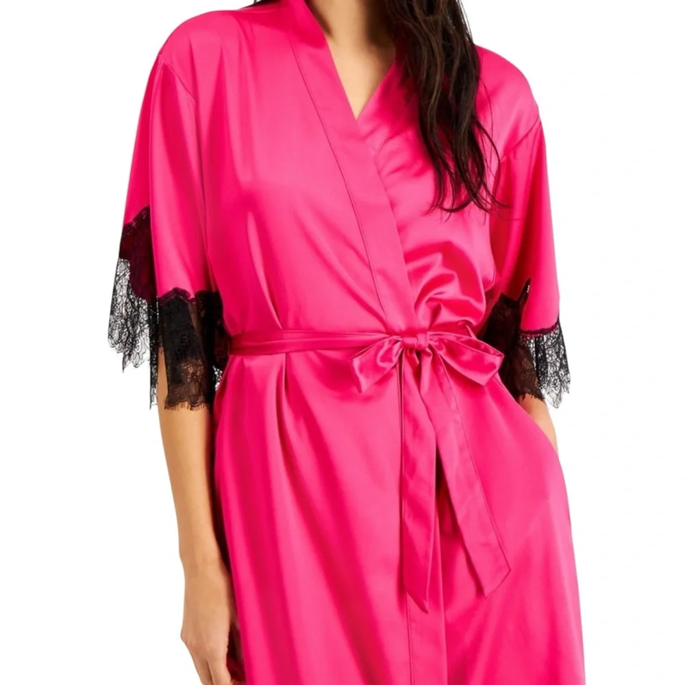 INC International Concepts Satin Robe with Black Lace Detail NWT